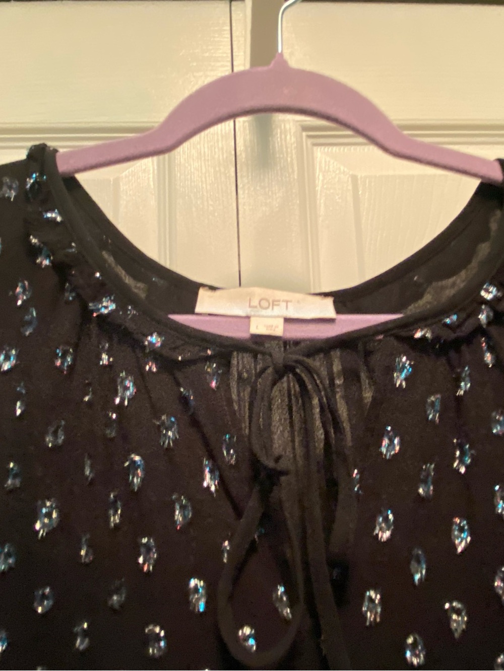 LOFT  Black Peasant Long Sleeve Blouse with metallic color dots Size Large - Picture 3 of 11